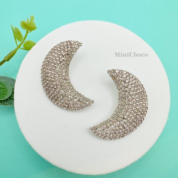 Crescent Moon Rhinestone Stud Earrings - Picture 1 of 9